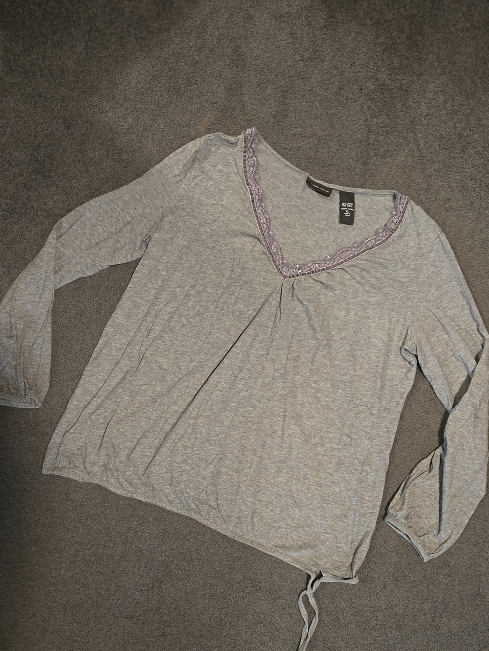 New York & Company Gray Long-Sleeve V-Neck Top with Purple Lace Trim
